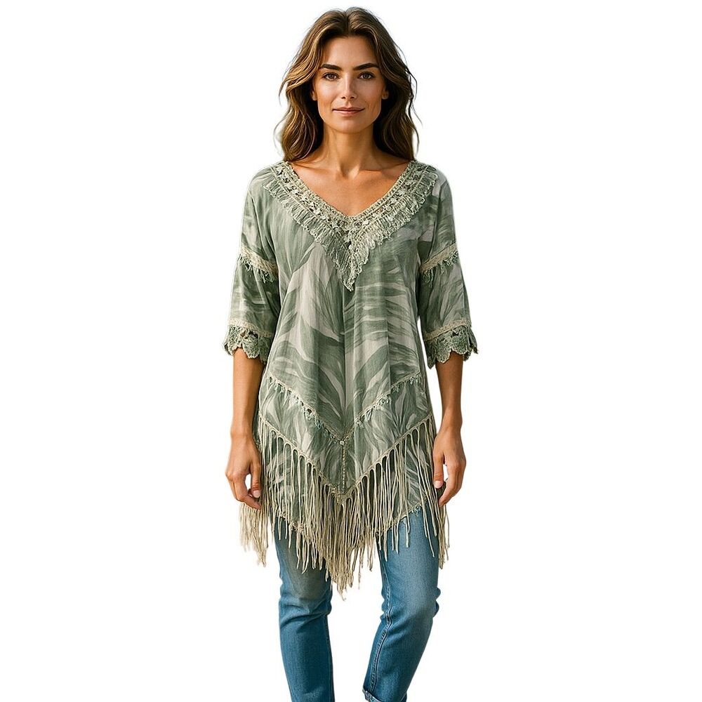 Angel Women's Green Fringe Poncho Top Lace Detail V-Neck Blouse